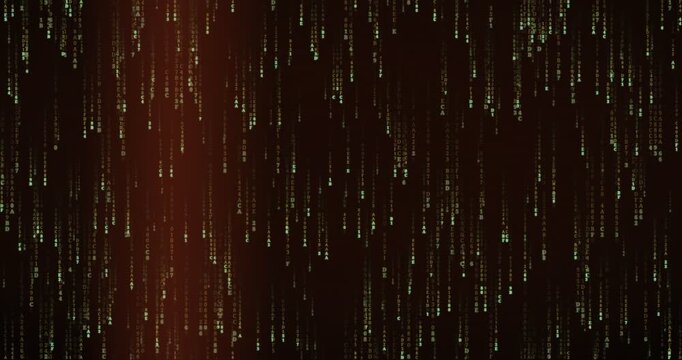 Hexadecimal code symbols cascade in a dense, amber-hued matrix rain animation with soft neon glow.