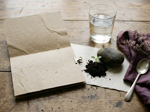 Rustic handmade paper notebook on wooden table, blank open journal with organic elements, sustainable stationery mockup with sprout and stone