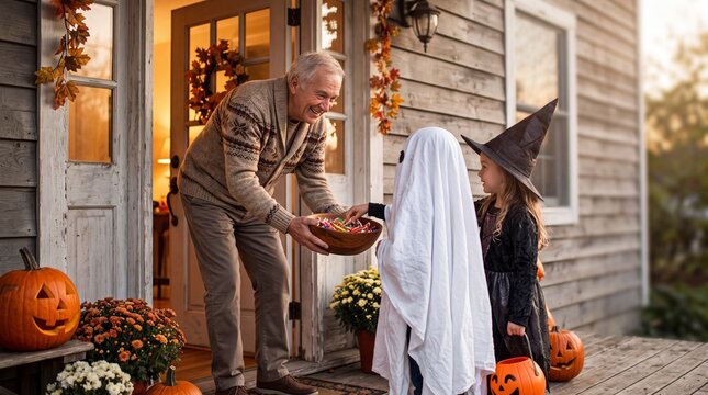 Elderly man handing Halloween treats to children dressed as a ghost and a witch at a decorated front porch, surrounded by pumpkins, autumn flowers, and festive seasonal decorations.