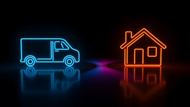 Neon delivery van and house icons representing home delivery services and residential transportation