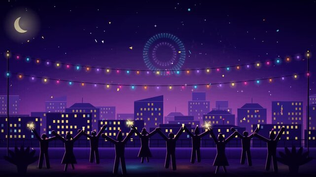 Silhouetted People Cheering With Sparklers Celebrating Happy New Year On City Rooftop At Night