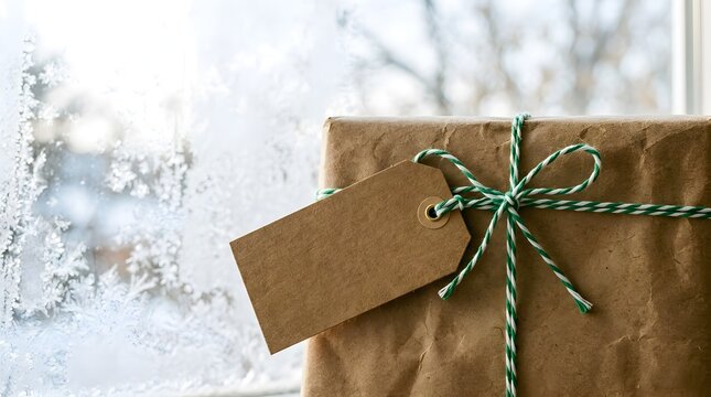 Rustic brown paper gift parcel with blank label by frosty winter window