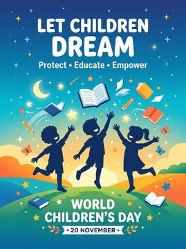 Let children dream poster for world childrens day featuring silhouettes jumping under magical starry sky with books and floating school supply icons.