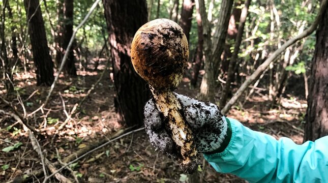 秋の森で収穫されたばかりの大きな松茸を持つ手元、キノコ狩り