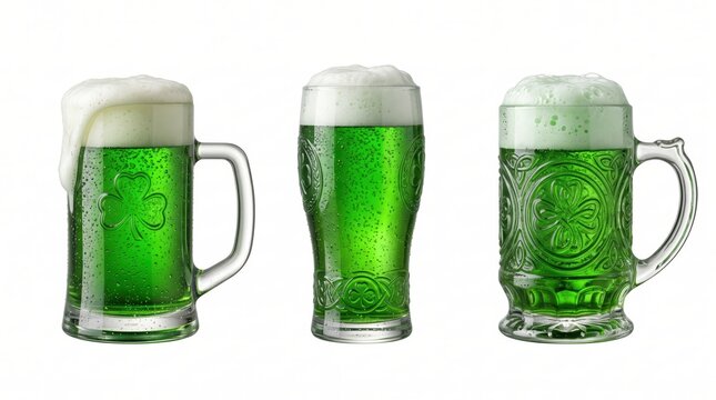 Three glass mugs filled with bright green beer, topped with thick white foam, featuring embossed shamrock patterns for saint patrick's day