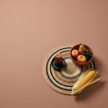 Rustic autumn still life with harvest fruits and corn, minimalist terracotta background, cozy fall composition with lit candle and woven mat