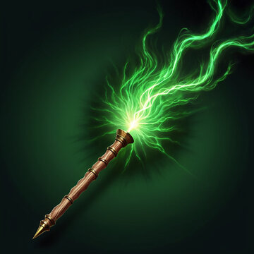 Mystical wooden staff crackling with vibrant green lightning energy against a dark forest background, evoking magic and power