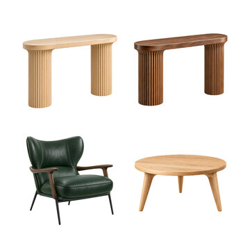 Collection of modern wooden console tables and a green leather armchair isolated on transparent background