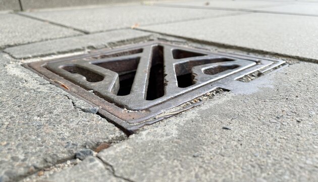 Sunken concrete sidewalk surrounding a rectangular metal drainage cover.
