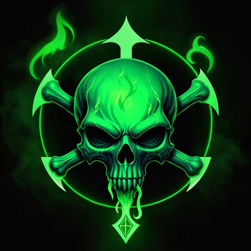 Gothic neon green skull with crossbones, flames, and a diamond, perfect for gaming, fantasy, and horror themes