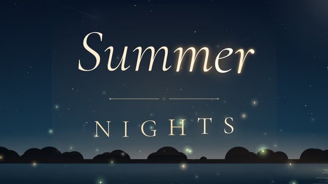 Summer Nights title template with glowing fireflies floating over water in night sky background animation