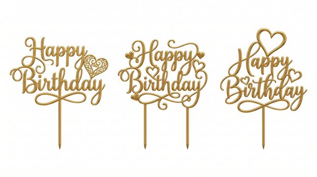 Three gold happy birthday cake toppers with cursive script lettering, decorative hearts, and thin support stakes on a white background