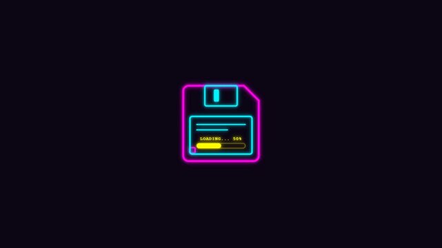 Neon floppy disk icons with progress bars in a grid