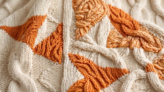 Cream and Orange Cable Knit Textile Close Up