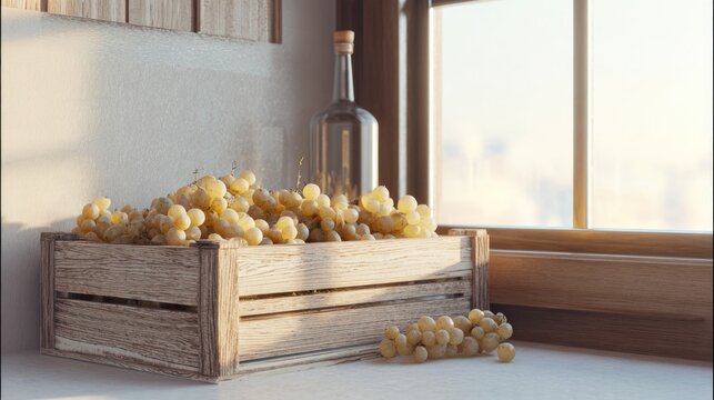 Wooden crate of white Moscato grapes on kitchen counter, harvest and home winemaking concept
