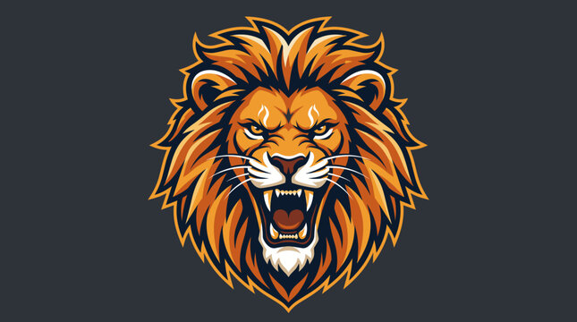 Fierce Roaring Lion Head Vector Illustration with Intense Mane and Sharp Teeth, Powerful Wild Cat Mascot Graphic for Sports Branding or T-Shirt Design on Dark Background