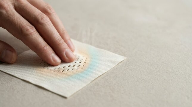 Person holding natural white technical fabric swatch with heat responsive ventilation slits for climate adaptation and innovation