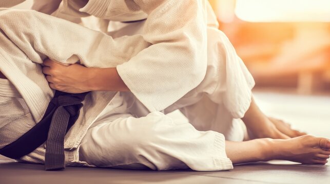 Two martial arts students grappling on mat, jujitsu training and discipline concept