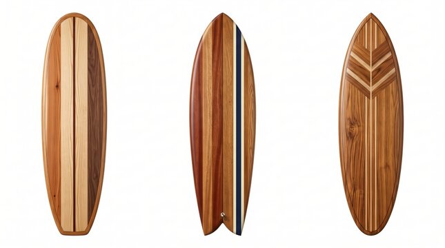 Three handcrafted wooden surfboards with distinct grain patterns, vertical stripes, and chevron inlay on a plain white background
