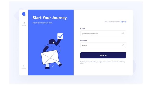 Modern Flat Design Animation of a User Login Dashboard Page featuring Sign In Form and Character with Mail Icon for Web Interface Concepts