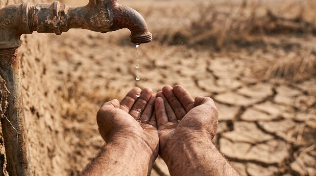 A person holds their cupped hands under a dry rusted water tap in a parched landscape representing severe drought and the global water crisis.