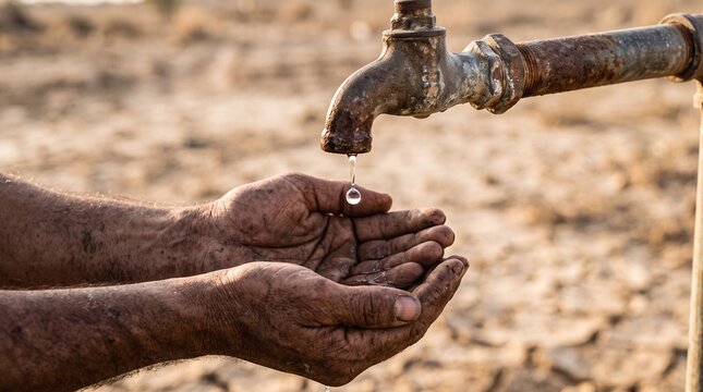 A pair of dirty hands cupped under a rusted outdoor faucet catching a single drop of water in a dry and arid landscape.