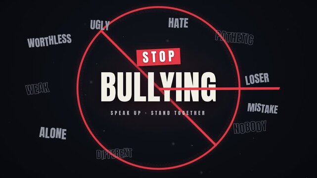 Animated stop bullying social awareness concept with negative words and red prohibition sign