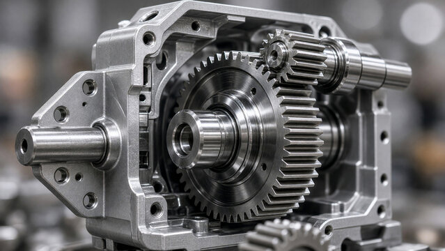 A precision metal gearbox with exposed spur and helical gears in a blurred industrial factory setting