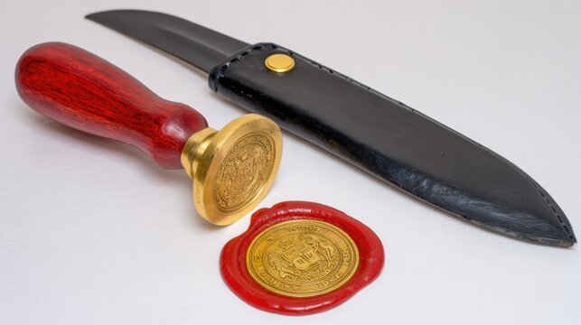 Broken wax seal with crest stamp and dagger, security and authenticity concept