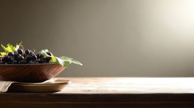 Wooden bowl with Nebbiolo grapes and vine leaf, wine harvest concept