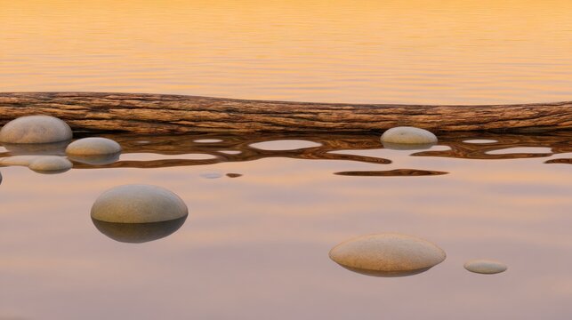 Calm river water with sunset light, stones and driftwood, peaceful nature and serenity concept