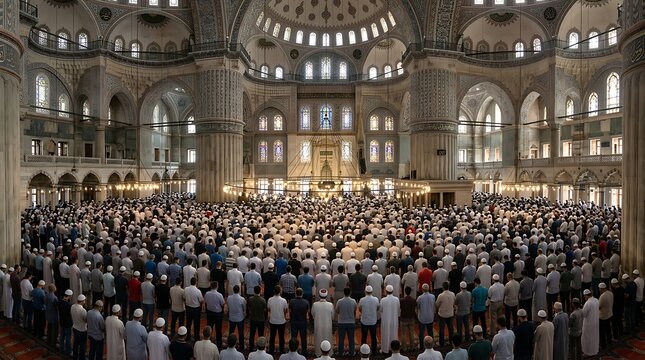 Muslim congregation praying inside grand mosque with ornate arches