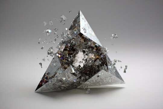 Exploded geometric prism revealing inner structure with shattered