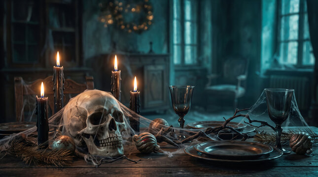 Haunted house halloween christmas still life with skull and candlelight. Dark creepy gothic home interior. horror evil ghost nightmare, mysterious eerie fantasy night