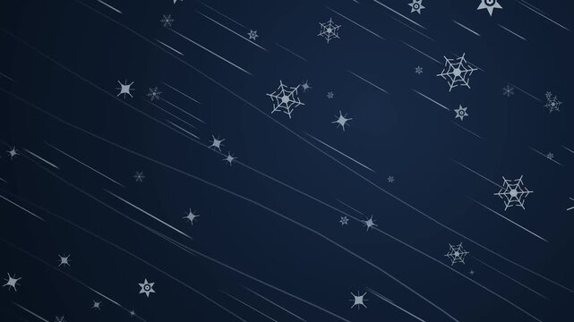 Winter frost branches and hanging snowflakes swaying on dark blue background with center copy space, vector holiday border 4K motion graphics