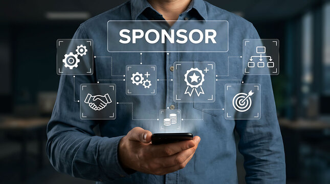 Businessman holding smartphone with digital sponsor interface and business icons