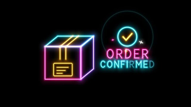 Neon parcel outline receives an order confirmed checkmark on black on black in a glowing 4K animation