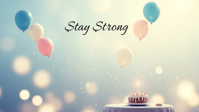 Stay Strong text with floating colorful balloons and a single lit