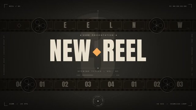 Cinematic film strip opening titles motion graphics template with vintage camera reel design