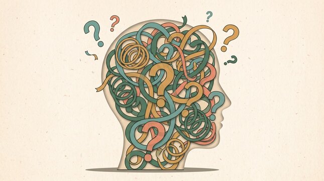 Confusion and Questions in the Mind: An abstract illustration depicts a human head silhouette filled with tangled lines and question marks.
