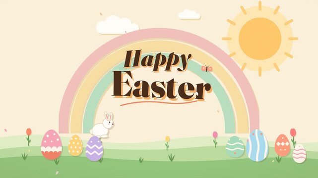 Cute Happy Easter Greeting Card Animation With Rainbow Sun Spring Flowers And Bunny