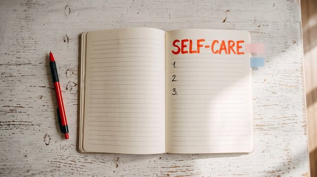 Self-Care Journal: An open notebook displays the words SELF-CARE at the top of a numbered list, with a red pen resting beside it, symbolizing personal well-being and mindful living.