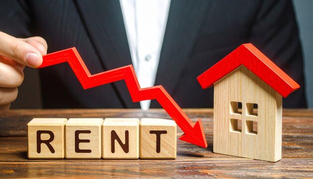 Hand Lowering a Red Arrow Toward Rent Blocks Beside a Wooden House