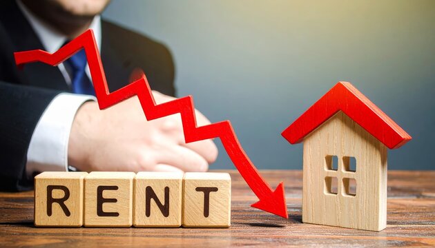 Falling Rent Prices Represented by a Red Downward Arrow and Model House