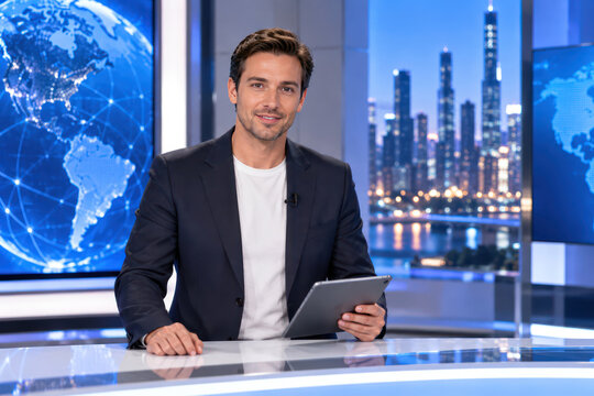 Male News Anchor at Broadcast Desk with Tablet, Global Network Map and City Skyline