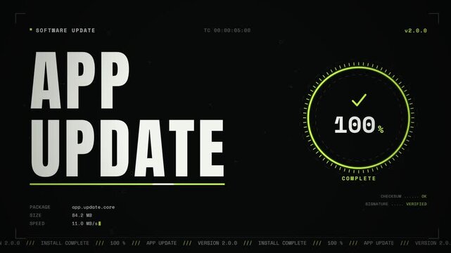 Futuristic digital app update progress interface with glowing indicators and data counters