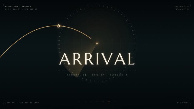 Airport flight arrival radar HUD display with landing trajectory and aircraft telemetry