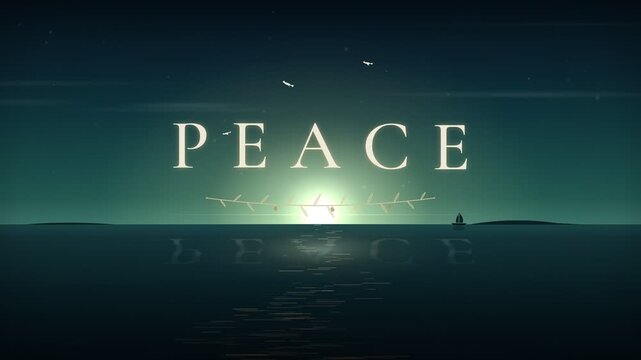 Peace animated title over tranquil ocean night landscape with flying birds and moon