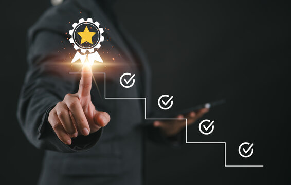 Achievement Pathway, digital checklist with glowing badge, symbolizing goal completion and success in a business setting, coach the way of setting goals, objectives and success.