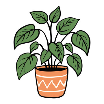 Hand drawn cartoon houseplant in a decorative ceramic pot